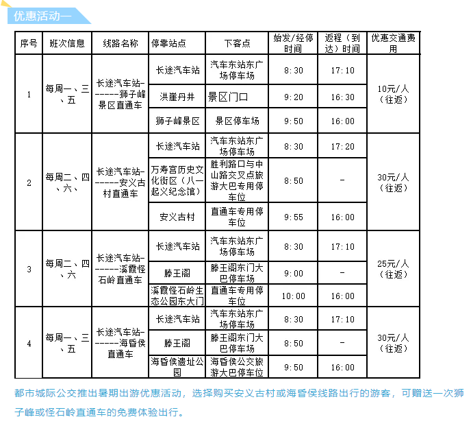 都市城際公交景區直通車暑期班次時(shí)刻表